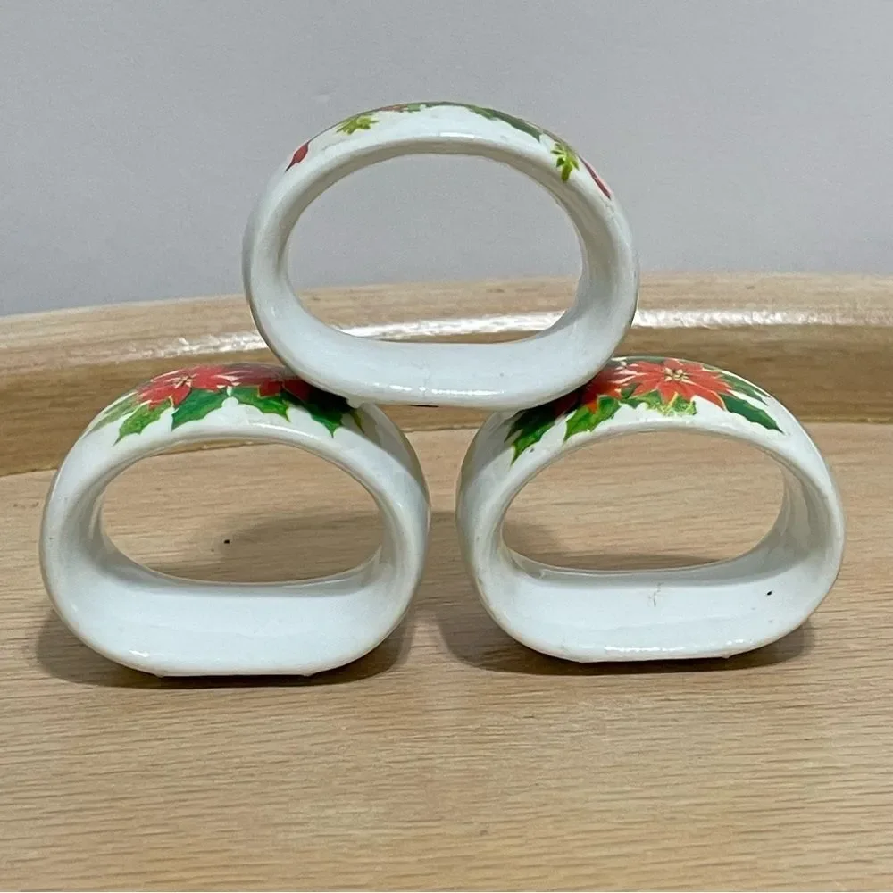 Porcelain Poinsettia & Holly Christmas Napkin Rings Festive Holiday Design 3 Set